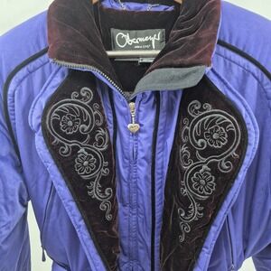 Obermeyer Women's 1 Piece  Ski Snow Suit Sz 12 Purple velvet trim Y2k Glam